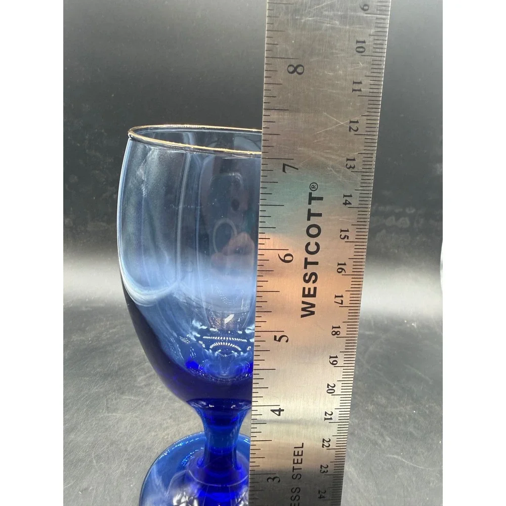 Vintage Cobalt Blue Gold Rim Stemmed Water Goblets Wine Glasses Set of 6